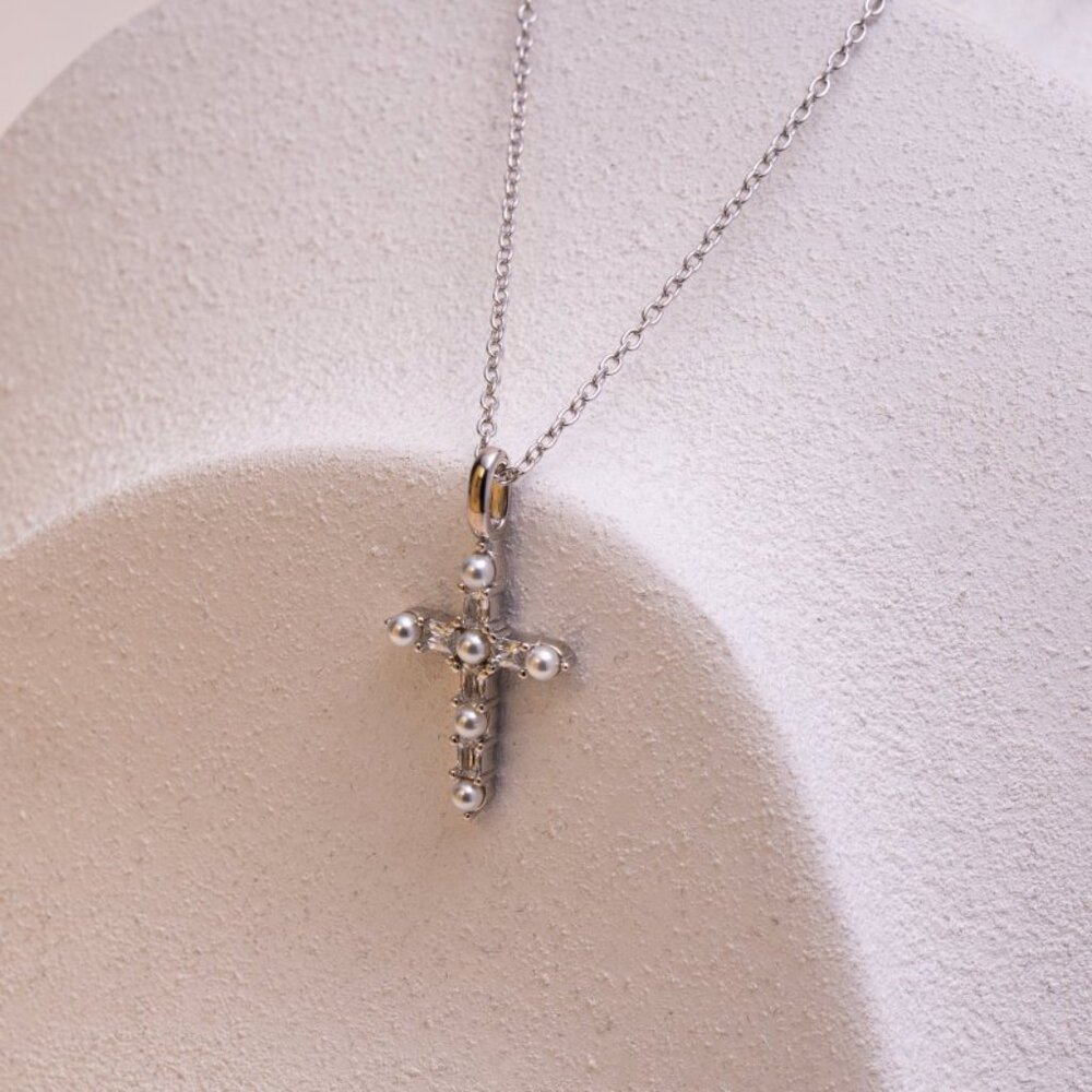 NWT Teresa Cross Necklace // Sterling Silver + Freshwater Pearls + CZ